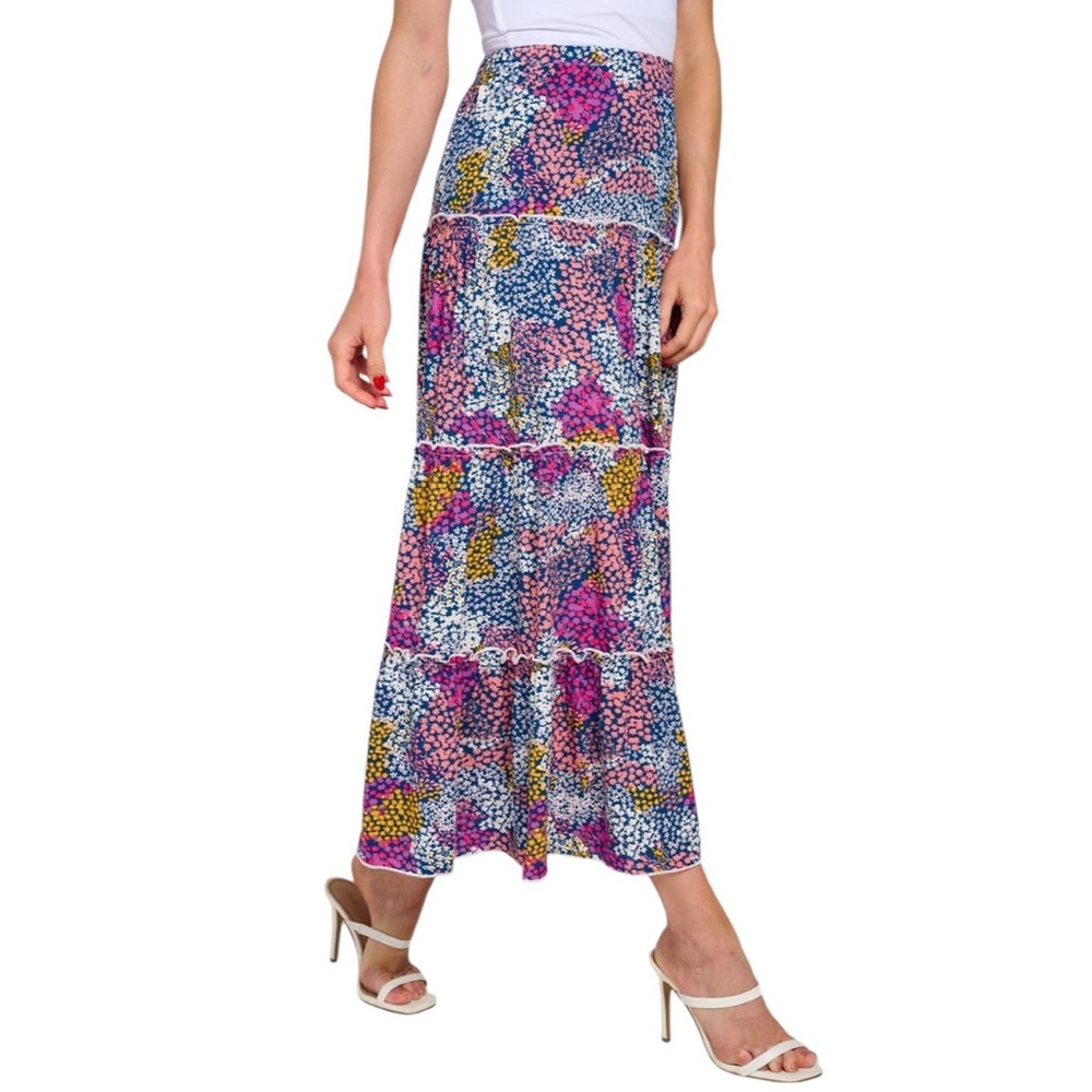 Floral Tiered Maxi Skirt in Pink & Blue